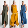 Solid Jersey Knit Sleeveless Pocket Drape Maxi Dress Vintage Boho Chic Dresses Clothing 2017